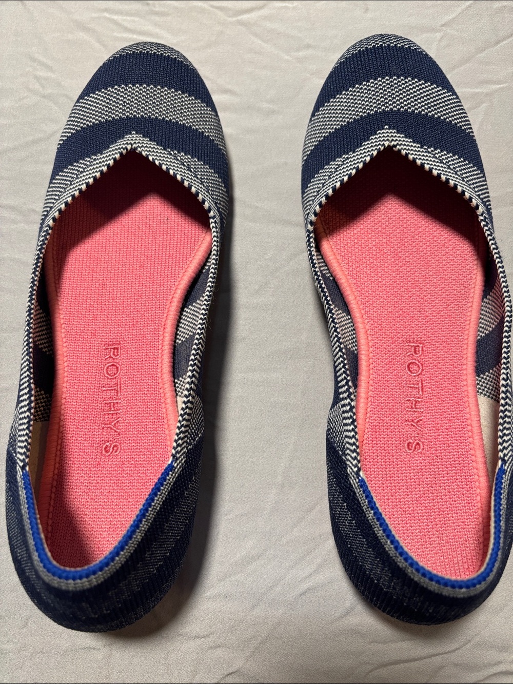 Rothy's Navy and White Striped Ballet Flat with Pink Insole